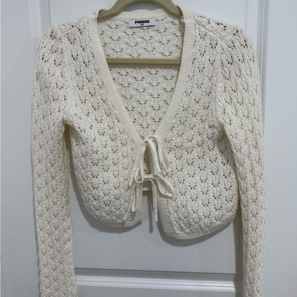 RSQ White Open-Knit V-Neck Tie-Front Sweater